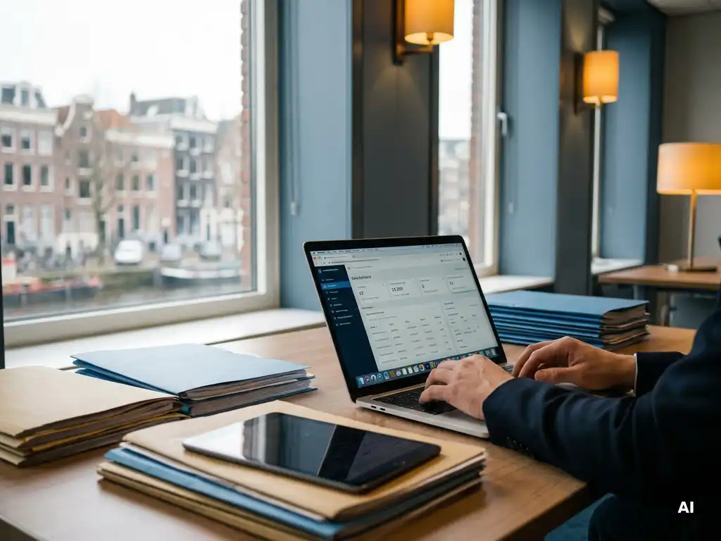 Government official using a laptop dashboard in a modern municipal office, with organized department folders and an Amsterdam skyline visible through large windows.