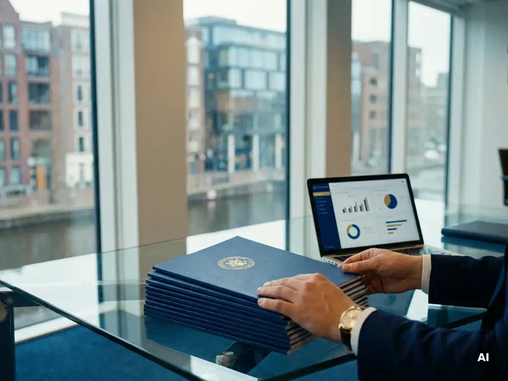 Government official arranging policy documents on a glass desk beside an open laptop showing data dashboards, Amsterdam office architecture in background.