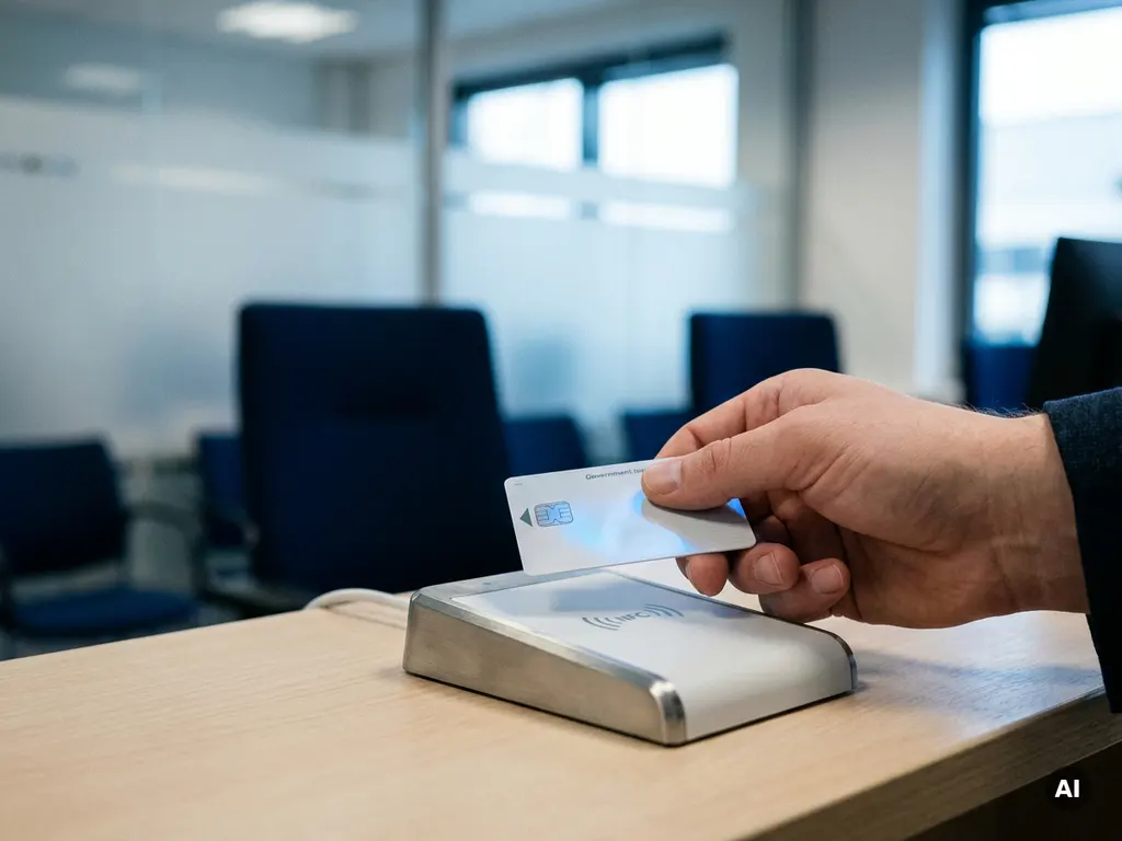 Government-issued smart card tapped against an NFC reader on a modern desk, chip glowing under soft blue office light.