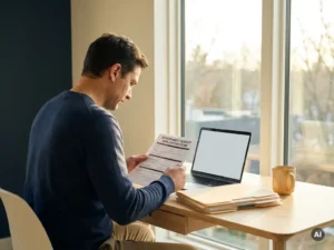 Citizen reviewing a government subsidy form at a modern desk with organized documents and open laptop in warm morning light.
