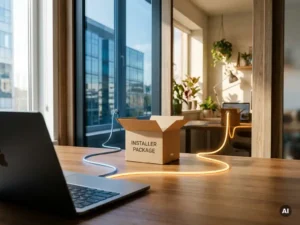 Installer package branching into corporate office and home workspace pathways, laptop open on a polished desk in soft natural light.