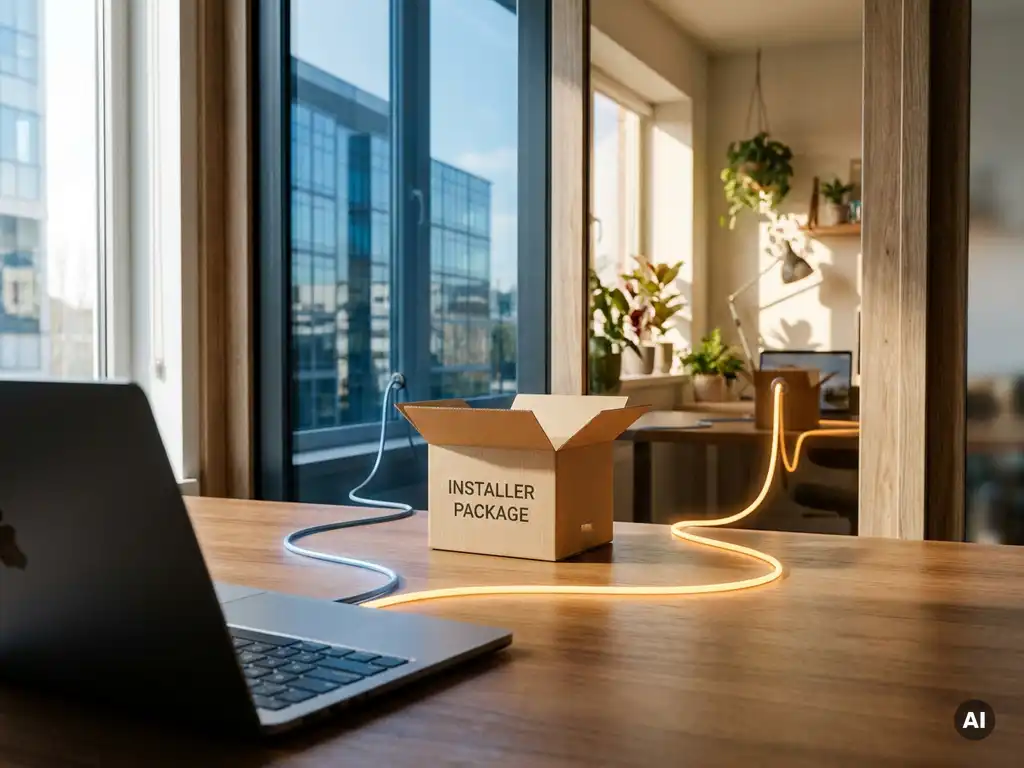 Installer package branching into corporate office and home workspace pathways, laptop open on a polished desk in soft natural light.