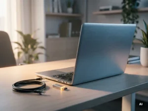 Laptop on minimalist desk with unplugged ethernet cable and USB drive, suggesting offline installation setup in a modern office.