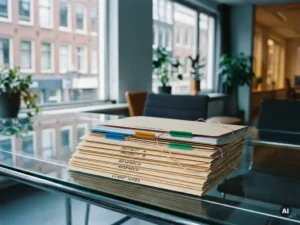 Manila folders with color-coded document tabs connected by copper wires on a glass desk in a sunlit Amsterdam office.