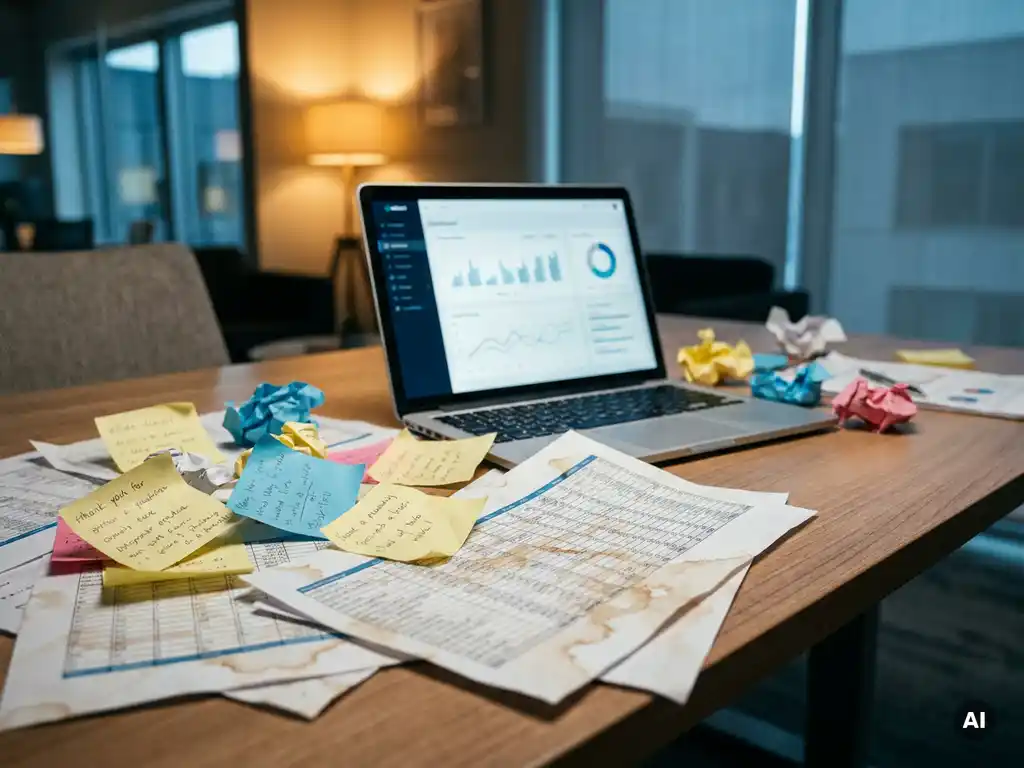 Tangled sticky notes and mismatched spreadsheet printouts scattered on a modern desk, with a clean digital dashboard glowing on a laptop in the background.