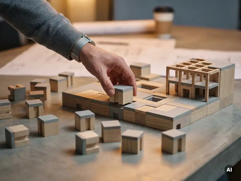 Architect's hand placing a modular building block onto a shared city planning model beside prefabricated pieces and a custom structure.