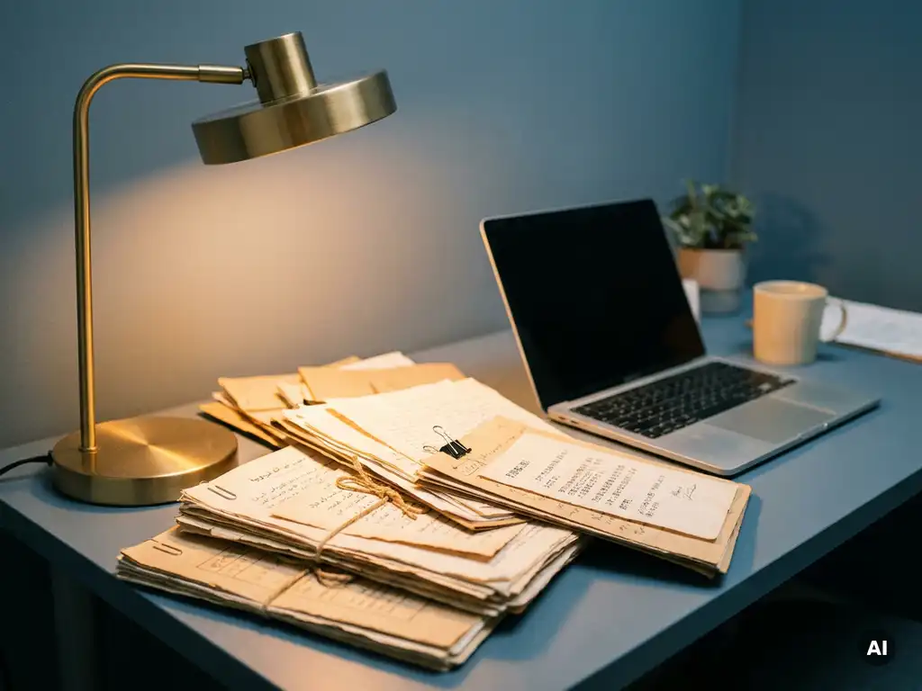 Multilingual documents in Arabic, Chinese, Japanese, and Latin scripts stacked on a minimalist desk beside an open laptop under warm amber lamplight.