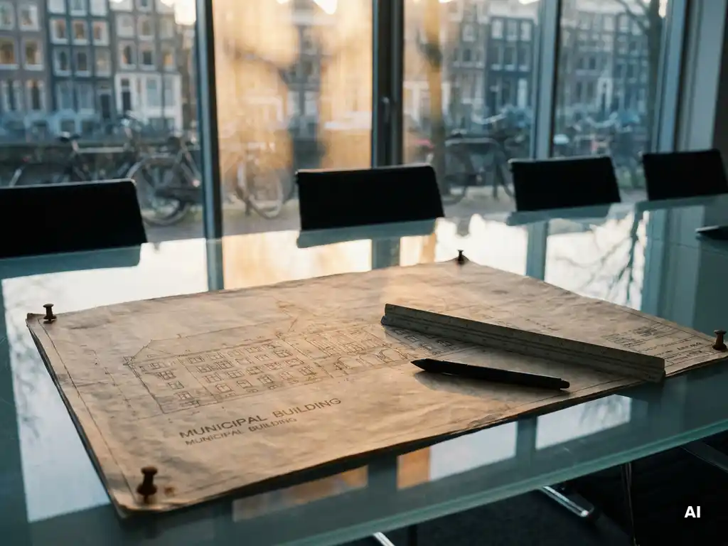 Weathered Amsterdam municipal building blueprint on glass table with architect's ruler and stylus, warm amber light filtering through canal-view windows.