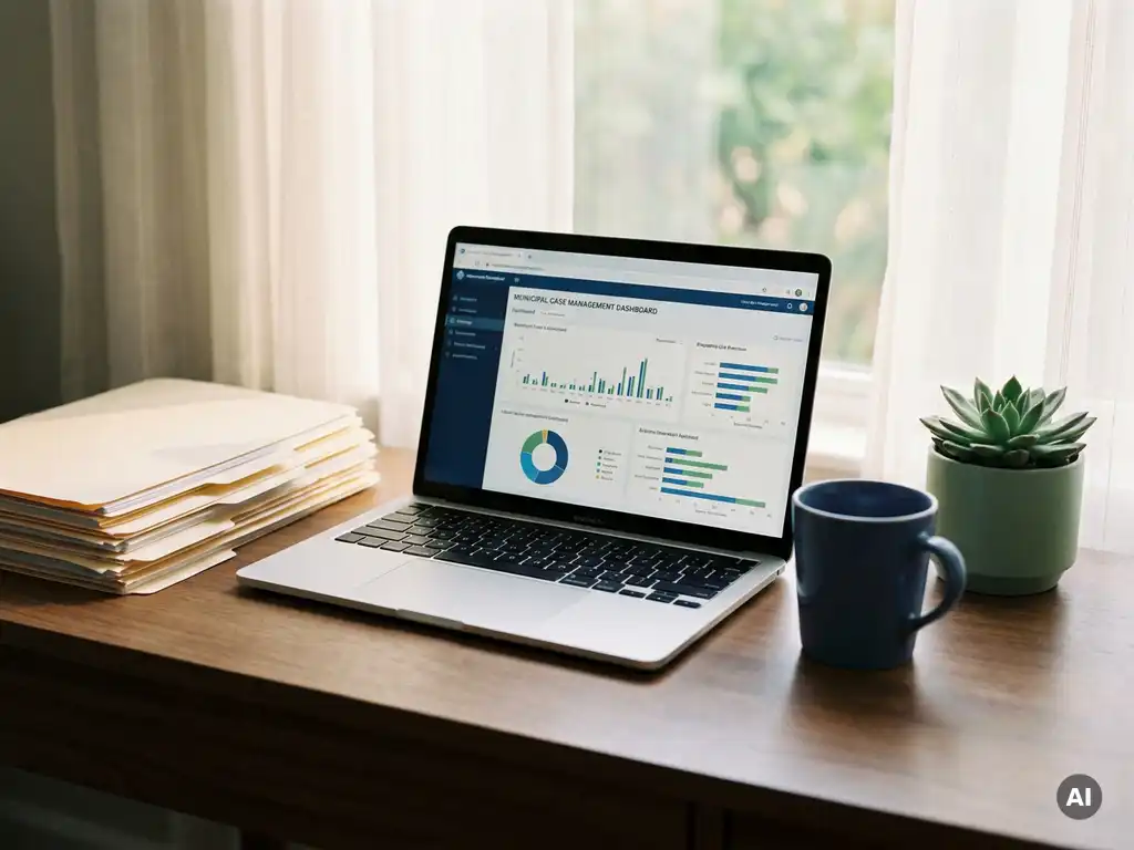 Caseworker's desk with laptop showing municipal dashboard, stacked folders, coffee mug, and small plant in soft natural light.