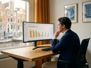 Municipal clerk reviewing a digital dashboard with bar charts and progress metrics in a sunlit government office overlooking an Amsterdam canal.