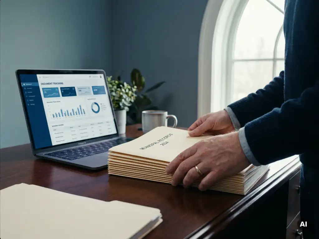 Municipal clerk organizing document folders on a government office desk beside an open laptop displaying an administrative dashboard.