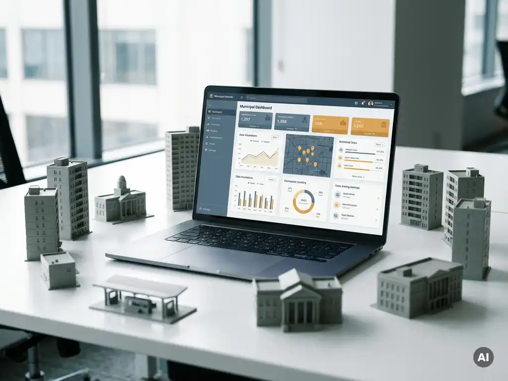 Municipal government dashboard on laptop surrounded by architectural city building models representing unified district management system.