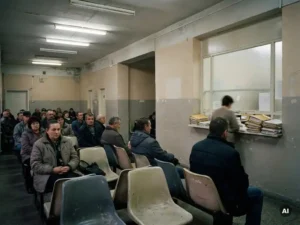 People waiting in long queue on worn plastic chairs inside a dim municipal office, clerk visible behind frosted glass window with stacked paper folders.
