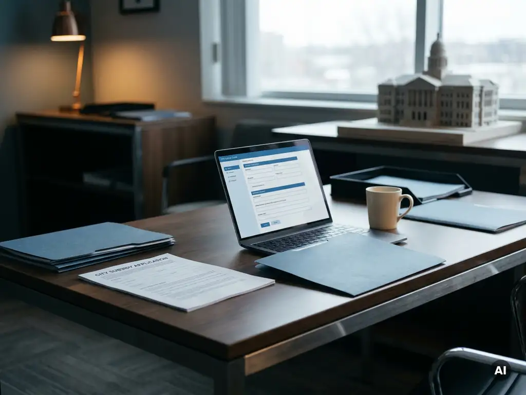 Municipal office desk with a paper subsidy application form beside a laptop showing a digital form, city hall model in the background.