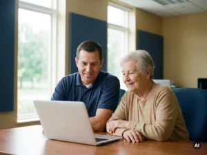 Municipal worker assisting an elderly citizen at a government office desk, both viewing a laptop together in warm natural light.