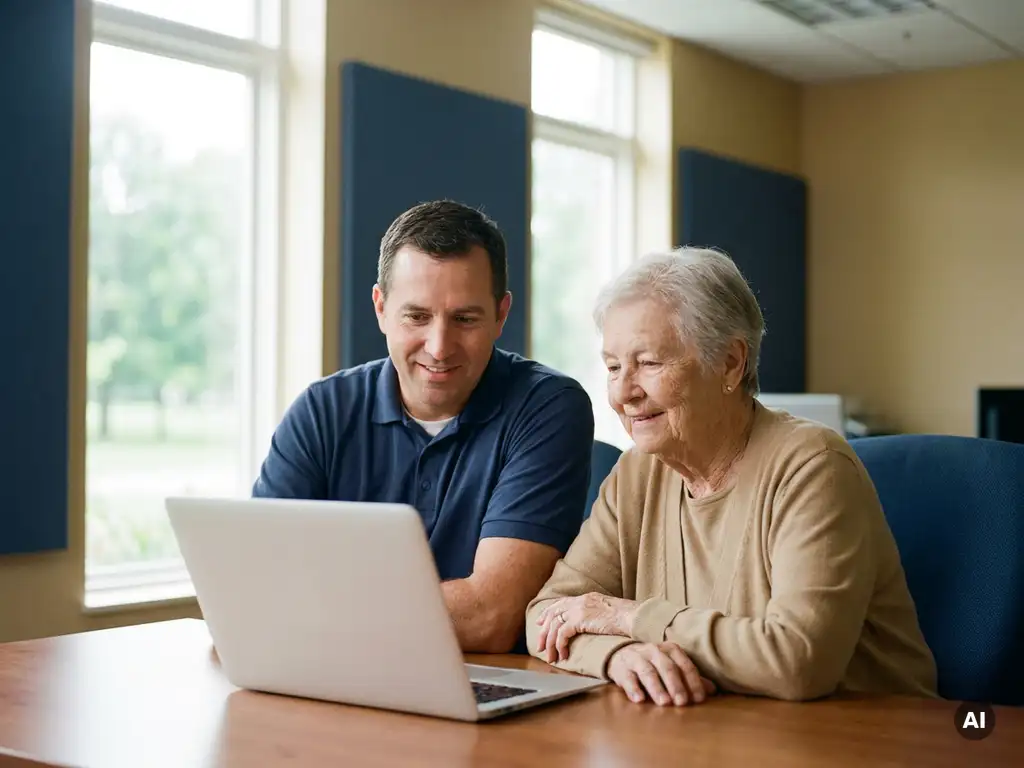 Municipal worker assisting an elderly citizen at a government office desk, both viewing a laptop together in warm natural light.