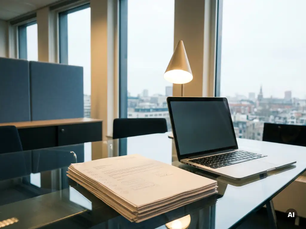 Official documents stacked beside an open laptop on a glass desk, with one paper highlighted under a desk lamp in a modern Amsterdam office.