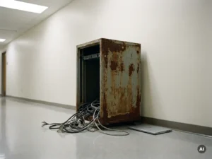 Rusted server rack with tangled cables in a municipal office corridor beside an unopened modern laptop, highlighting outdated government IT infrastructure.