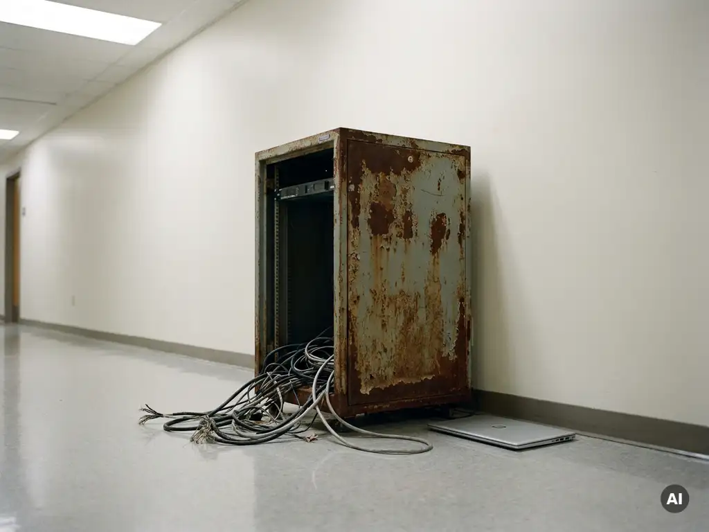 Rusted server rack with tangled cables in a municipal office corridor beside an unopened modern laptop, highlighting outdated government IT infrastructure.