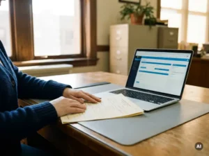 City clerk smoothing a paper application form on a municipal desk beside an open laptop displaying a digital form, soft natural light.