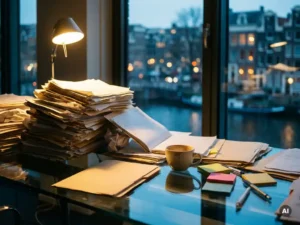 Towering stack of disorganized paper documents overflowing a glass desk in a modern Amsterdam office, surrounded by folders and sticky notes.