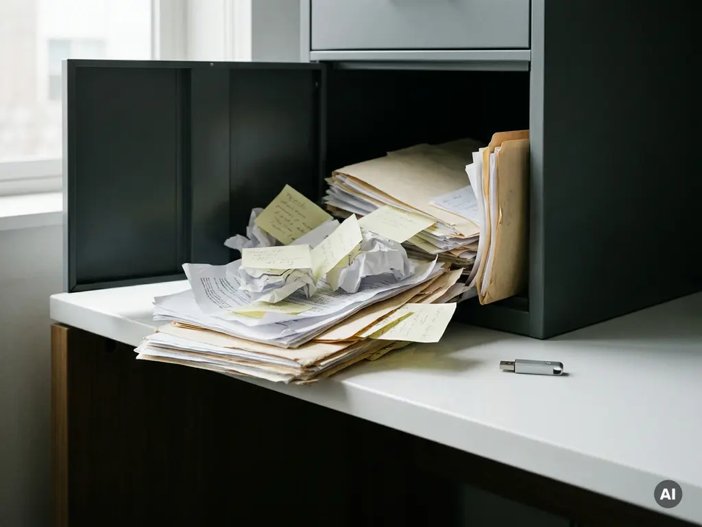Overflowing filing cabinet with scattered paper documents and sticky notes beside a single clean USB drive on a white desk.