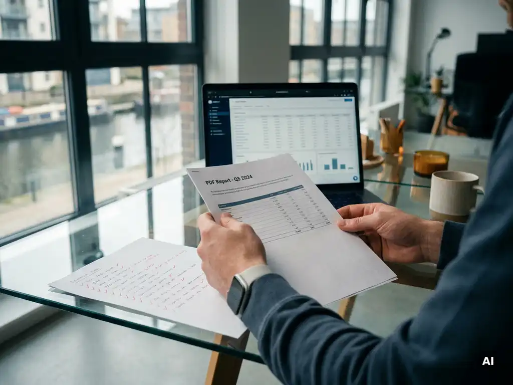 Developer reviewing a printed PDF report at a glass desk, handwritten validation checkmarks on a second sheet, laptop with data tables in background.