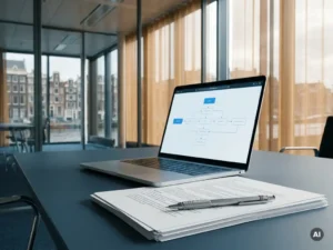 Policy document and mechanical pen beneath a laptop showing a workflow diagram, bathed in Amsterdam canal light in a modern glass office.