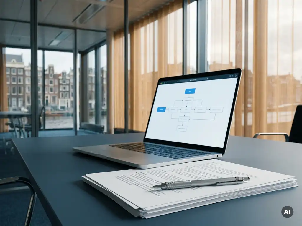 Policy document and mechanical pen beneath a laptop showing a workflow diagram, bathed in Amsterdam canal light in a modern glass office.