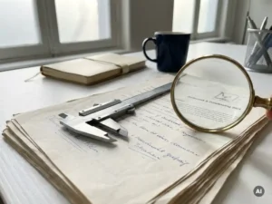 Caliper tool resting on annotated printed documents with a magnifying glass revealing fine text detail on a white desk in Amsterdam.