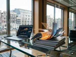 Printed data reports curling mid-transformation on a glass desk beside a softly glowing laptop in a sunlit Amsterdam office.