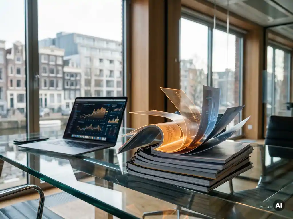 Printed data reports curling mid-transformation on a glass desk beside a softly glowing laptop in a sunlit Amsterdam office.