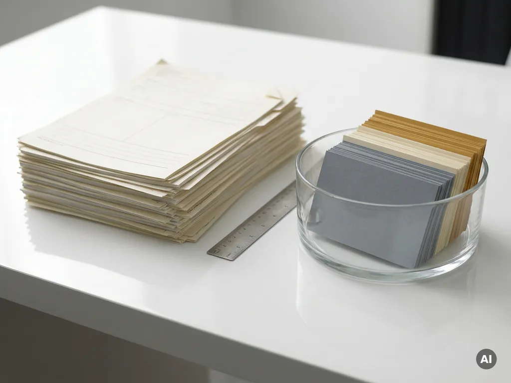 Printed document stack beside a glass bowl of sorted colored index cards, separated by a metal ruler on a white desk.