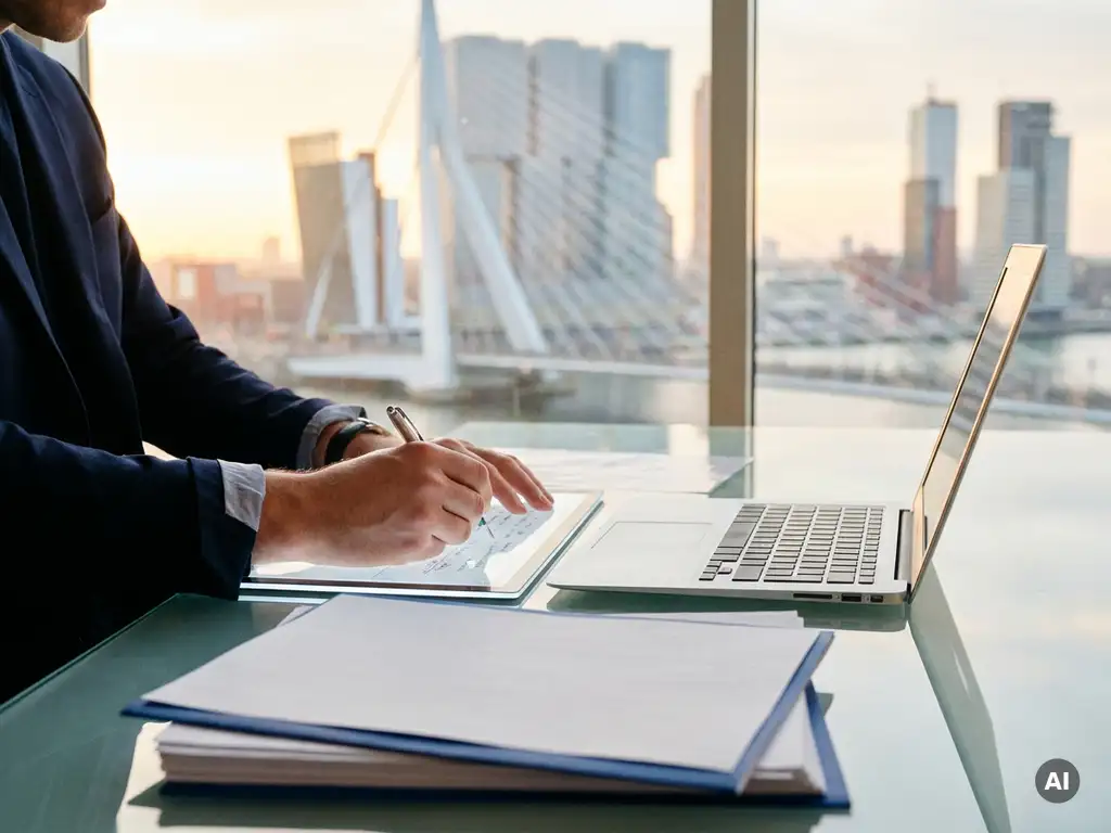 Professional hands annotating a document on a glass desk with a laptop, reviewed papers stacked nearby, Amsterdam high-rise office in background.