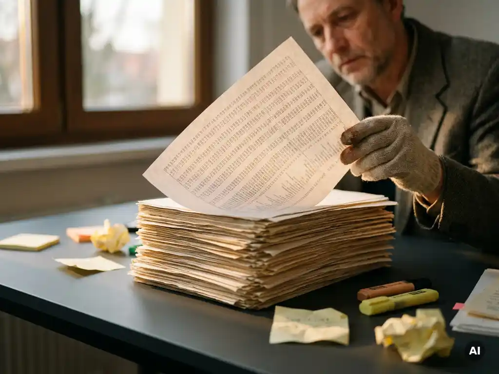 Researcher's hands lifting a printed data page from a towering document stack toward warm window light, with sticky notes and highlighters nearby.