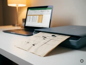 Crumpled, misaligned document emerging from a flatbed scanner with ink smudges obscuring data fields, laptop showing clean structured data in background.