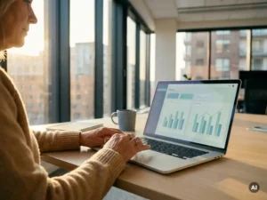 Social worker's hands beside an open laptop showing dashboard graphs in a sunlit modern office overlooking a city.