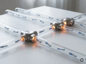 Glass tubes connecting steel nodes on a white conference table, with documents flowing through transparent channels toward amber-lit endpoints.
