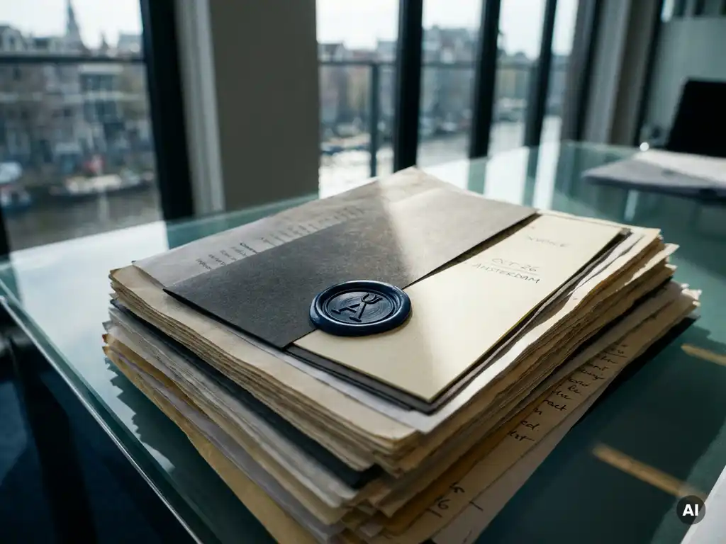 Wax seal stamped on a stack of contracts and invoices on a glass desk in a modern Amsterdam office, lit by cool natural daylight.